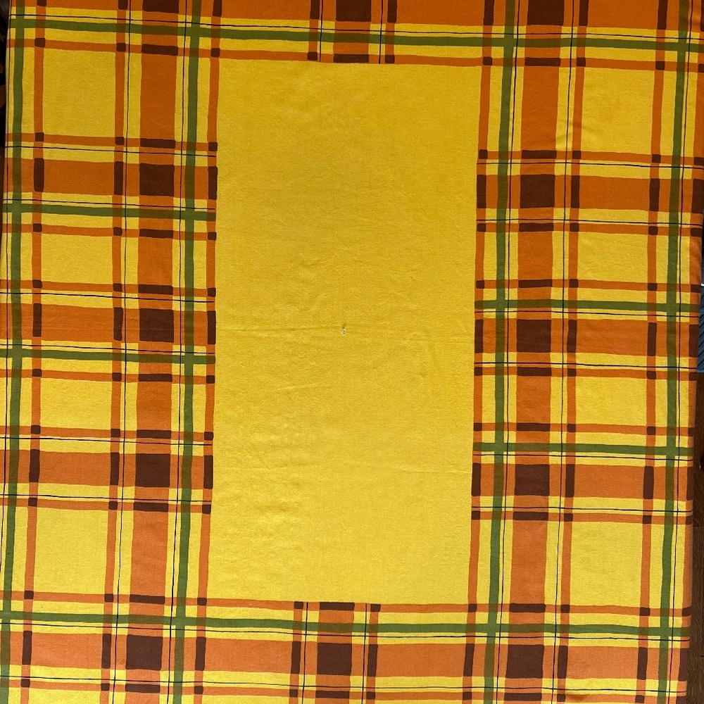 Vintage Yellow, orange, green linen tablecloth, 53”x 64”